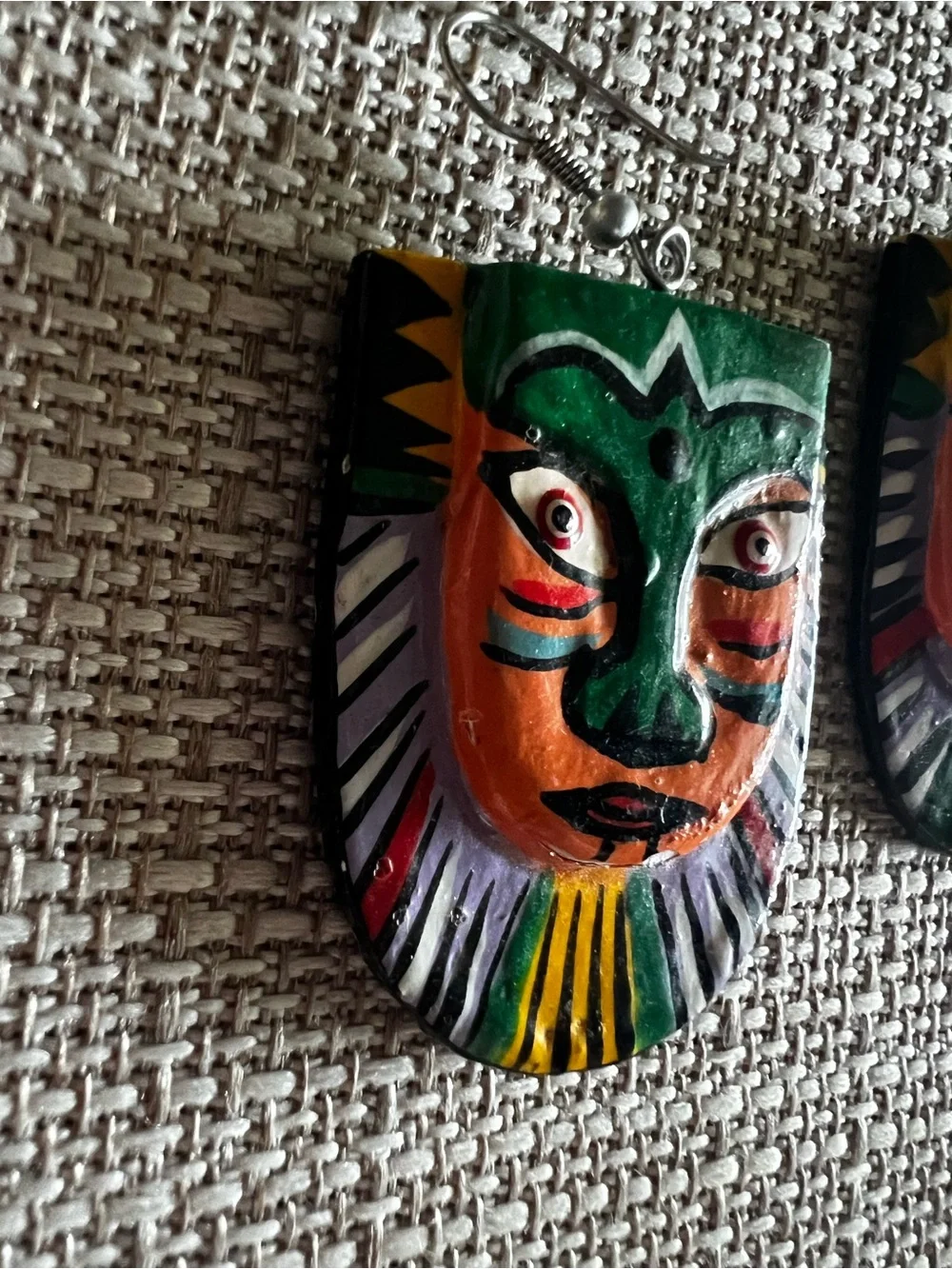 VTG Earrings Colorful Painted Tribal Face Mask Popart Wood Pierced 80s Folk Art